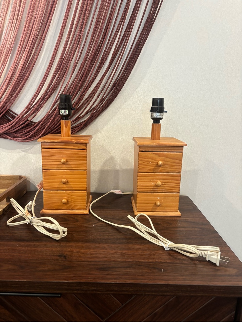 Set of 2 Vintage Wood Three-drawer Nightstand Lamps